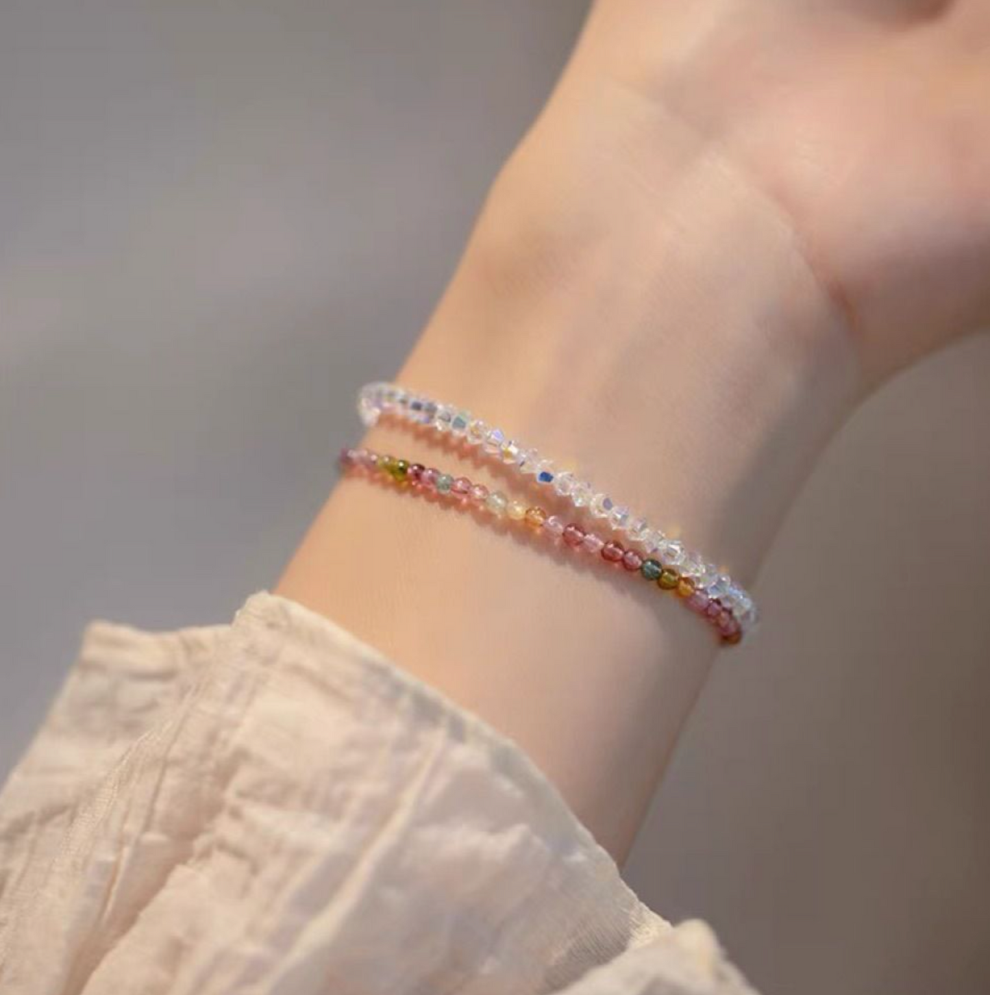 2mm Ultra-Fine Rainbow Tourmaline Elastic Bracelet - 17cm Lightweight Jewelry