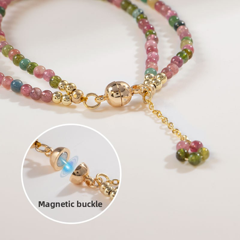 2mm Ultra-Fine Rainbow Tourmaline Elastic Bracelet - 17cm Lightweight Jewelry