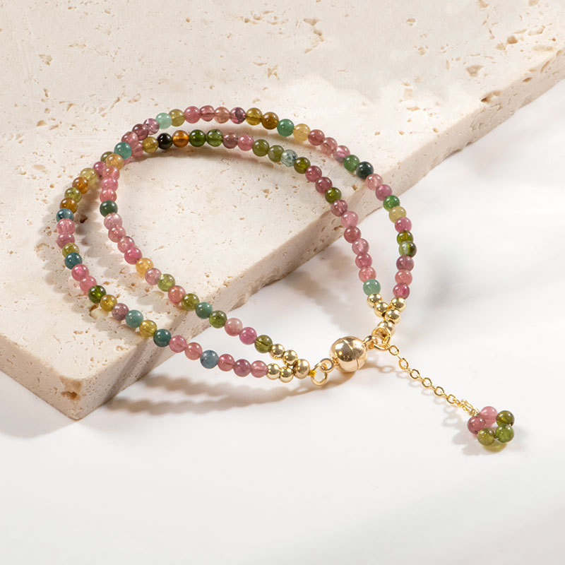 2mm Ultra-Fine Rainbow Tourmaline Elastic Bracelet - 17cm Lightweight Jewelry