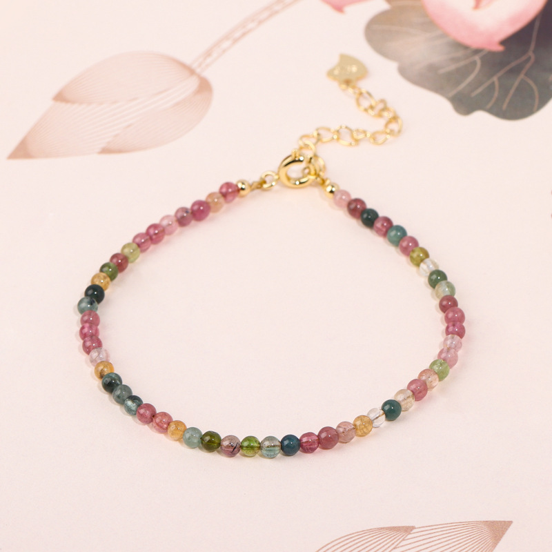 2mm Ultra-Fine Rainbow Tourmaline Elastic Bracelet - 17cm Lightweight Jewelry