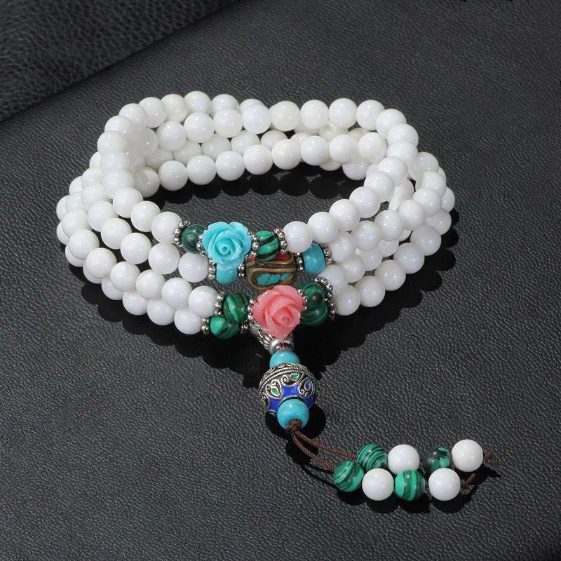 Natural Deep Sea Golden Silk Shell Bracelet, 108 Bead Buddhist Mala, Multi-Row Design