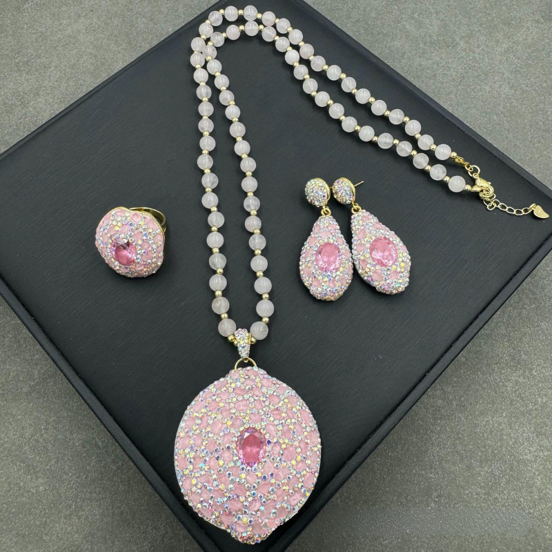 ROSE QUARTZ & ZIRCON JEWELRY SET - 3 PIECE LUXURY COLLECTION