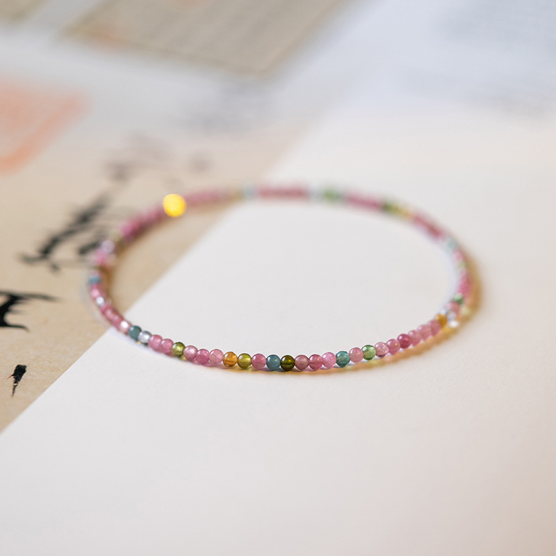 2mm Ultra-Fine Rainbow Tourmaline Elastic Bracelet - 17cm Lightweight Jewelry