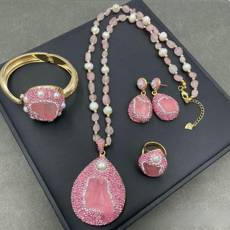 BAROQUE PEARL & ROSE QUARTZ JEWELRY SET - 4 PIECE LUXURY COLLECTION