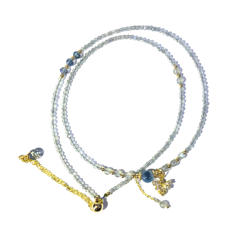 Natural Faceted Labradorite & Gray Moonstone with Blue Agate Tri-Layer Bracelet - Multi-Strand Energy Jewelry (2.5mm)