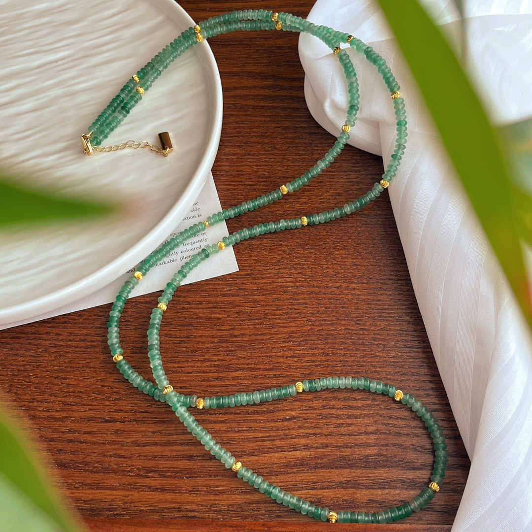 Vintage Natural Aventurine Disc Bead Long Necklace - 90cm Layered Jewelry