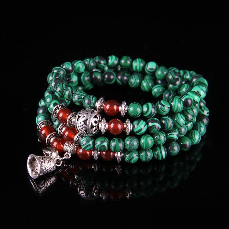 Green Natural Stone Bracelet, 108 Bead Buddhist Mala, Handheld Prayer Beads