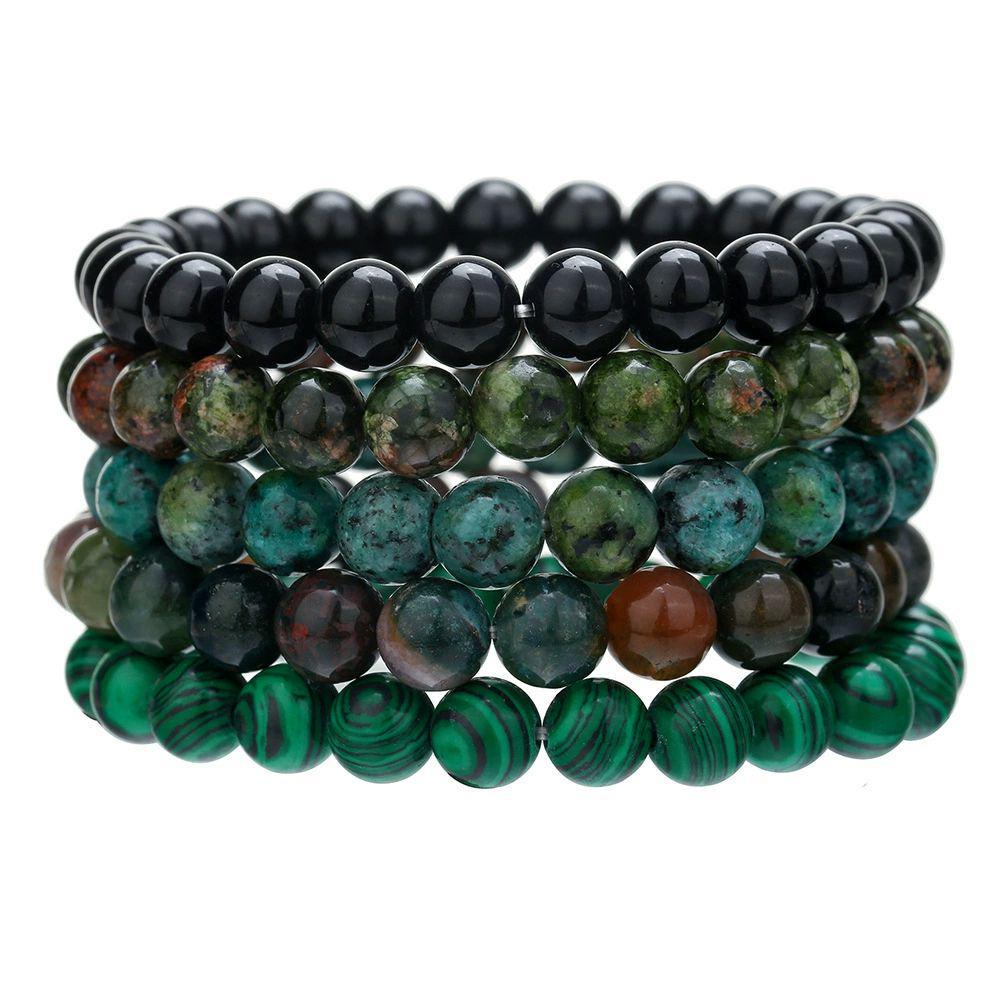 8MM NATURAL AGATE & TURQUOISE BEAD BRACELET SET - 18-19CM