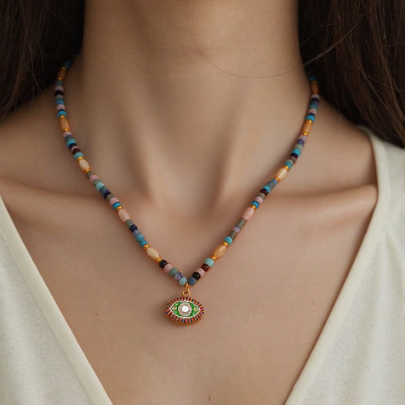 EVIL EYE NATURAL STONE BEAD NECKLACE - 47CM BOHEMIAN PROTECTION