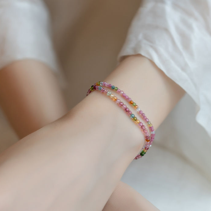 2mm Ultra-Fine Rainbow Tourmaline Elastic Bracelet - 17cm Lightweight Jewelry