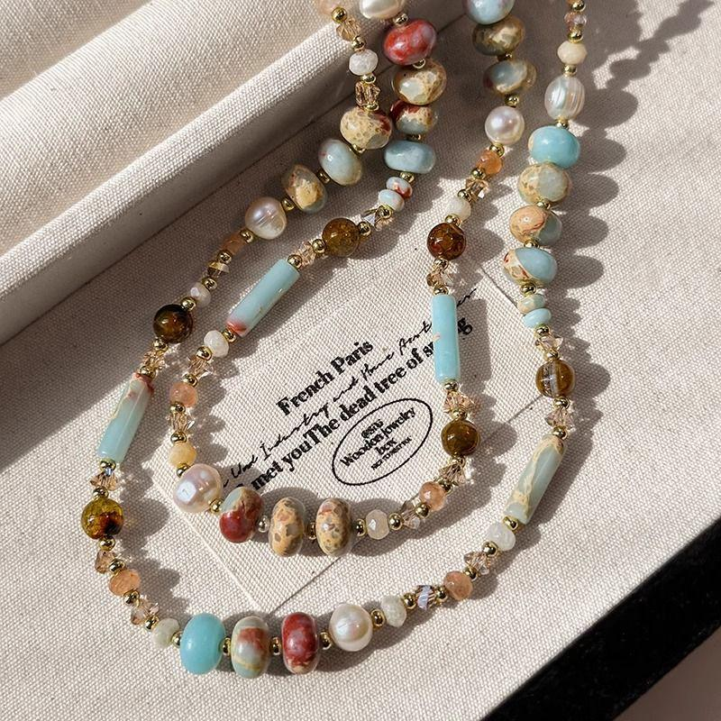 Shoushan Stone & Colored Glass Pearl Necklace