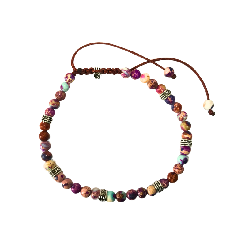 Natural Tiger's Eye, Imperial Stone & Indian Agate Yoga Bracelet - Silver Bead Braided Energy Jewelry (3mm & 4mm Sizes)