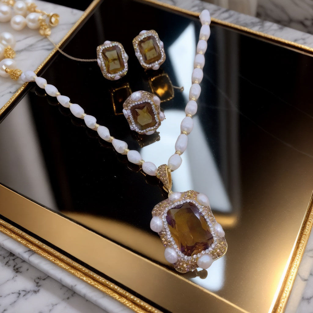 SUDAN GEMSTONE & PEARL JEWELRY SET - 3 PIECE LUXURY COLLECTION