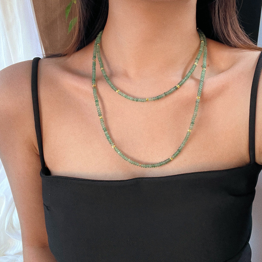 Vintage Natural Aventurine Disc Bead Long Necklace - 90cm Layered Jewelry