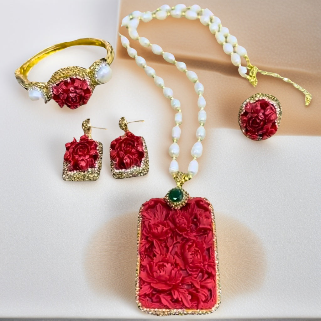 PEONY & PEARL JEWELRY SET - 4 PIECE LUXURY COLLECTION