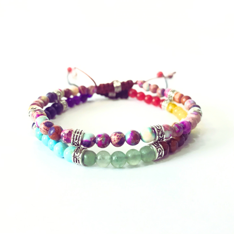 Natural Tiger's Eye, Imperial Stone & Indian Agate Yoga Bracelet - Silver Bead Braided Energy Jewelry (3mm & 4mm Sizes)