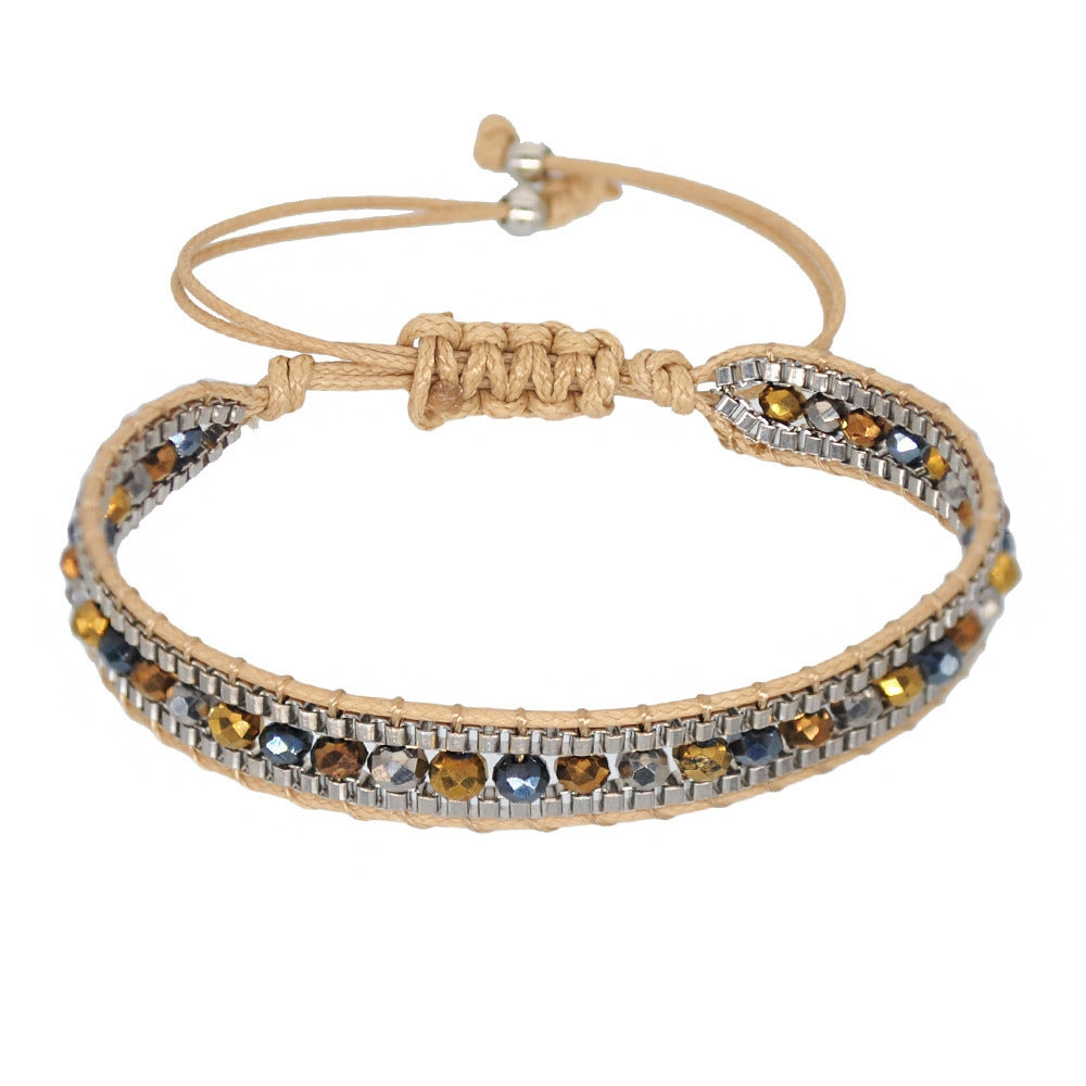 BRAIDED LEATHER & CRYSTAL BEAD BRACELET - 14-25CM RETRO ADJUSTABLE DESIGN
