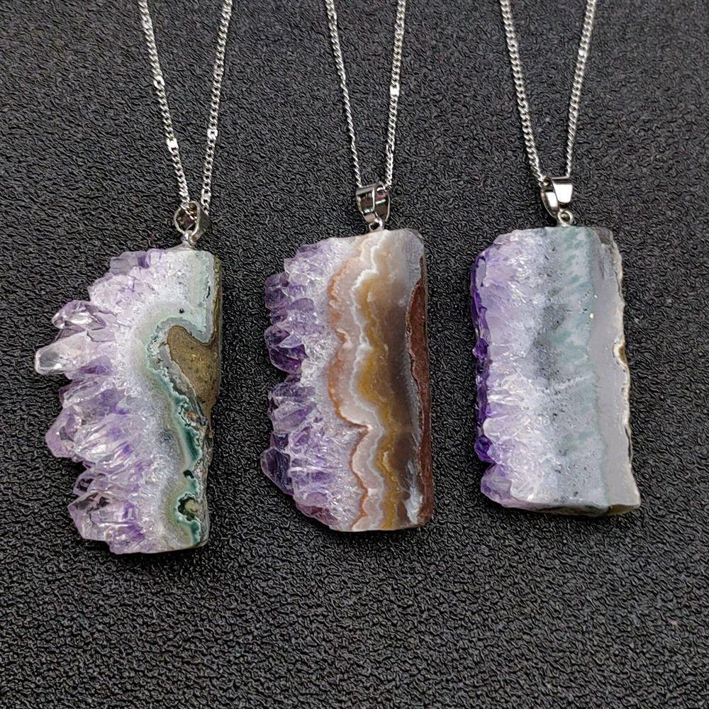 Raw Madagascar amethyst cluster necklace for third eye activation - Untamed organic crystal growth on adjustable leather cord