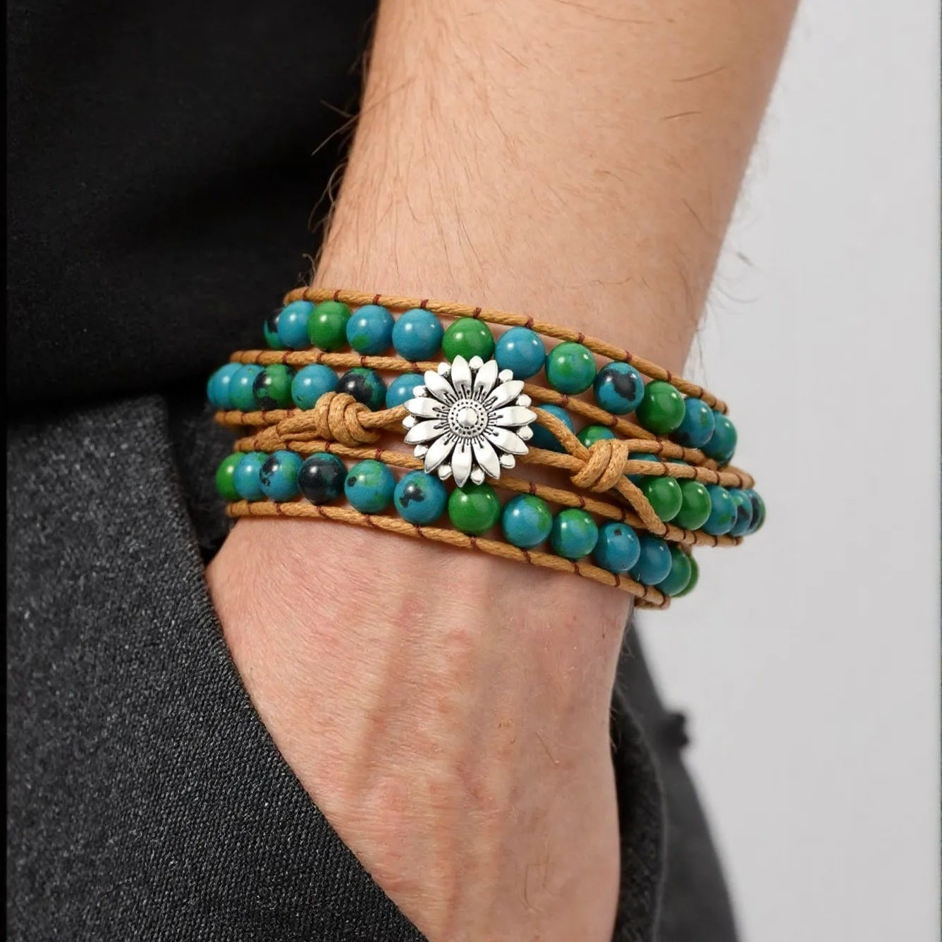 Natural Stone Handwoven Bracelet, Bohemian Multi-Layer Wrap Bracelet