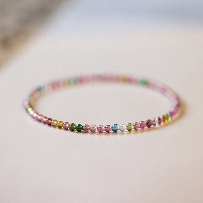 2mm Ultra-Fine Rainbow Tourmaline Elastic Bracelet - 17cm Lightweight Jewelry