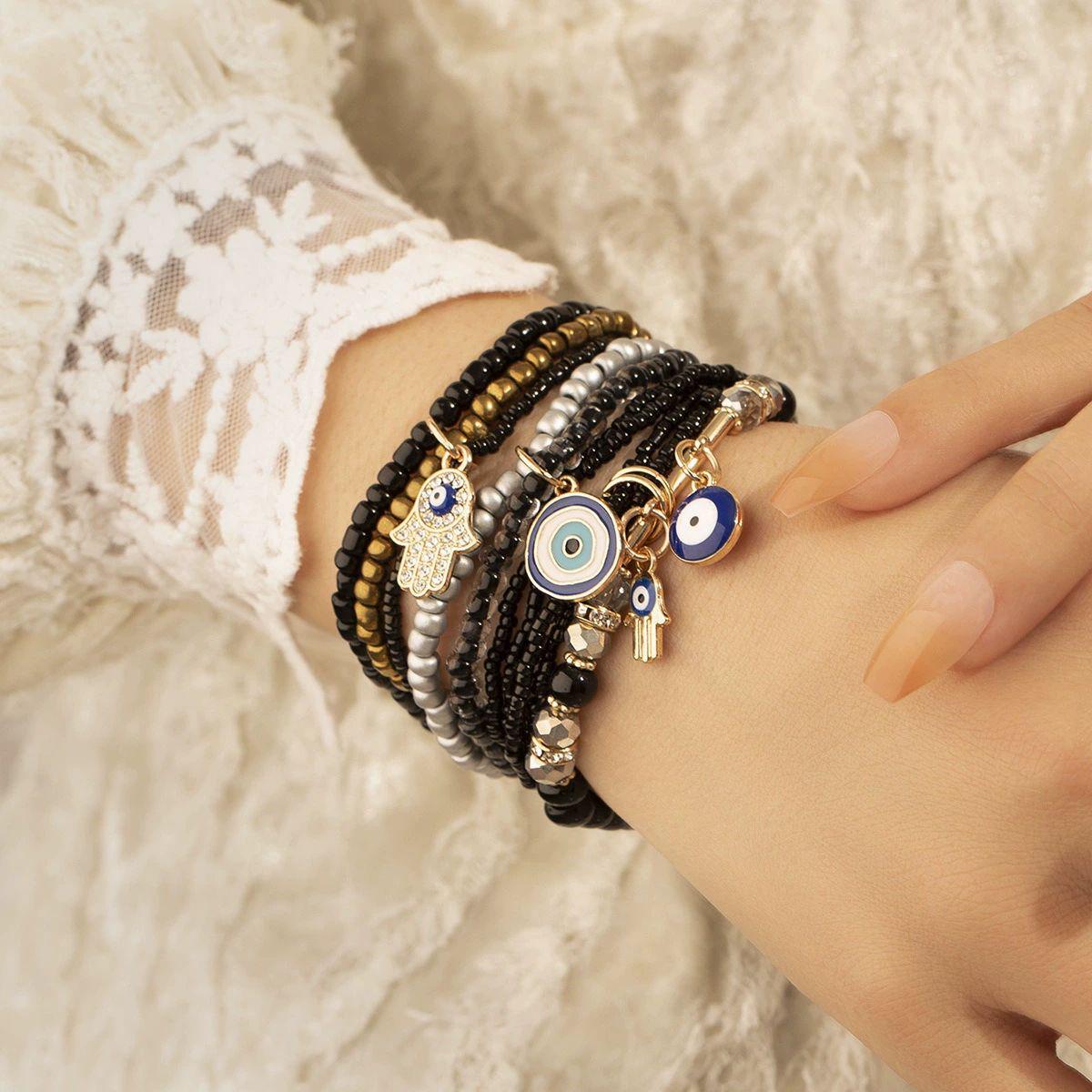 EVIL EYE PALM PENDANT BRACELET - 18CM LAYERED LUXURY