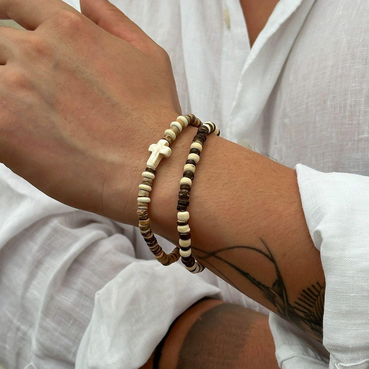 SURFER’S CROSS WOOD BEAD BRACELET - 5MM MEN’S STREET STYLE