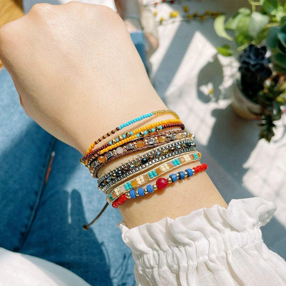 BRAIDED LEATHER & CRYSTAL BEAD BRACELET - 14-25CM RETRO ADJUSTABLE DESIGN