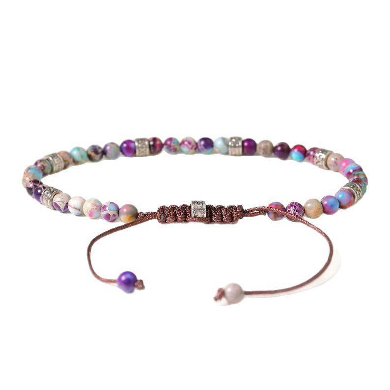 Natural Tiger's Eye, Imperial Stone & Indian Agate Yoga Bracelet - Silver Bead Braided Energy Jewelry (3mm & 4mm Sizes)