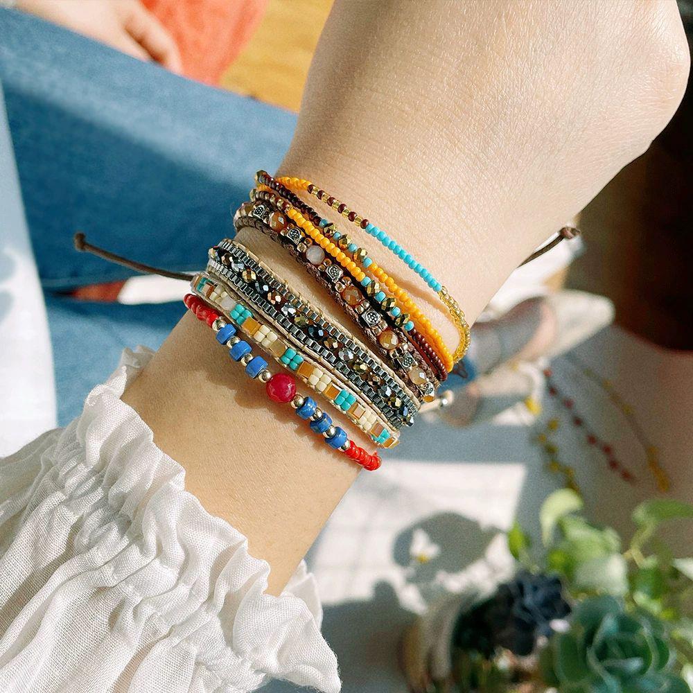 BRAIDED LEATHER & CRYSTAL BEAD BRACELET - 14-25CM RETRO ADJUSTABLE DESIGN