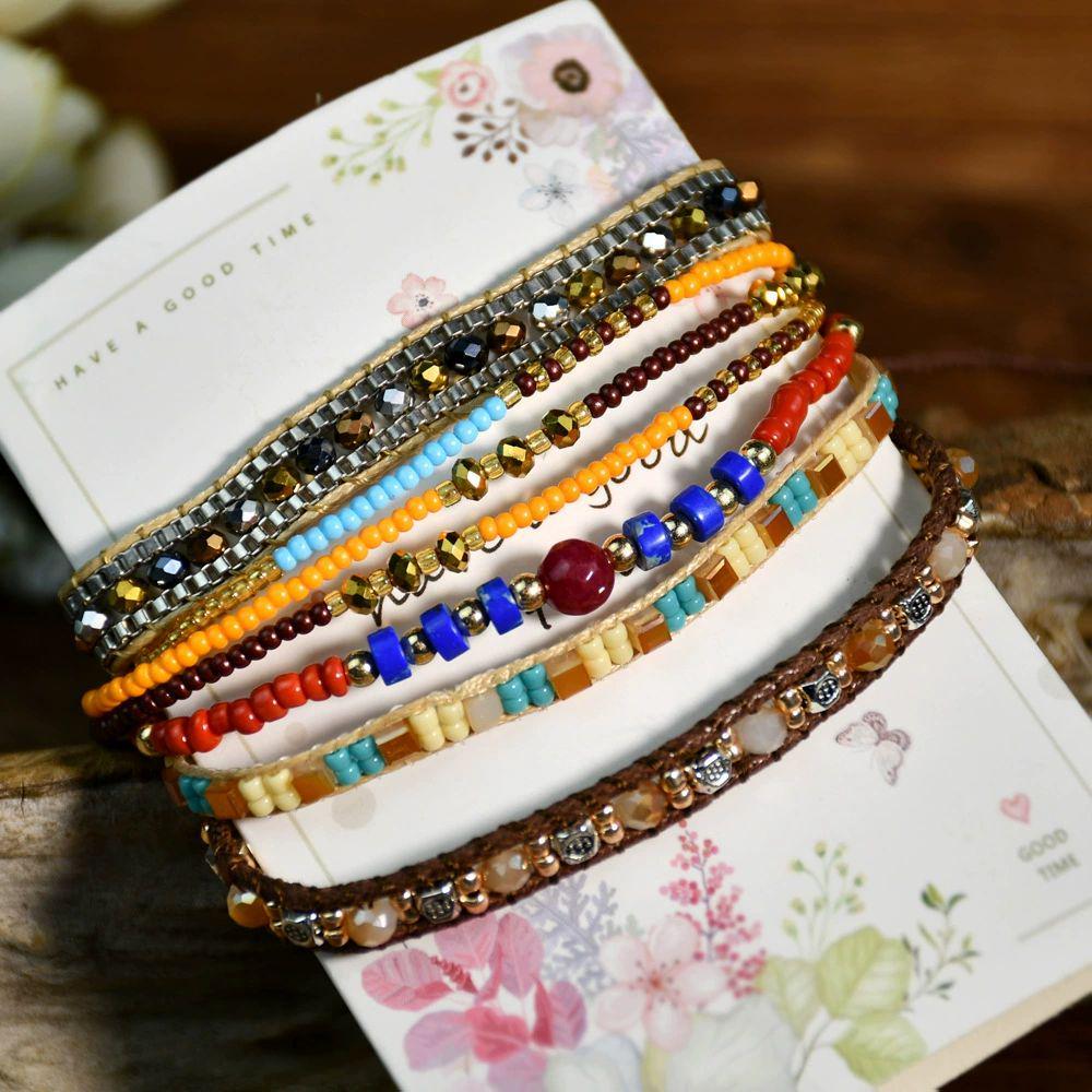 BRAIDED LEATHER & CRYSTAL BEAD BRACELET - 14-25CM RETRO ADJUSTABLE DESIGN
