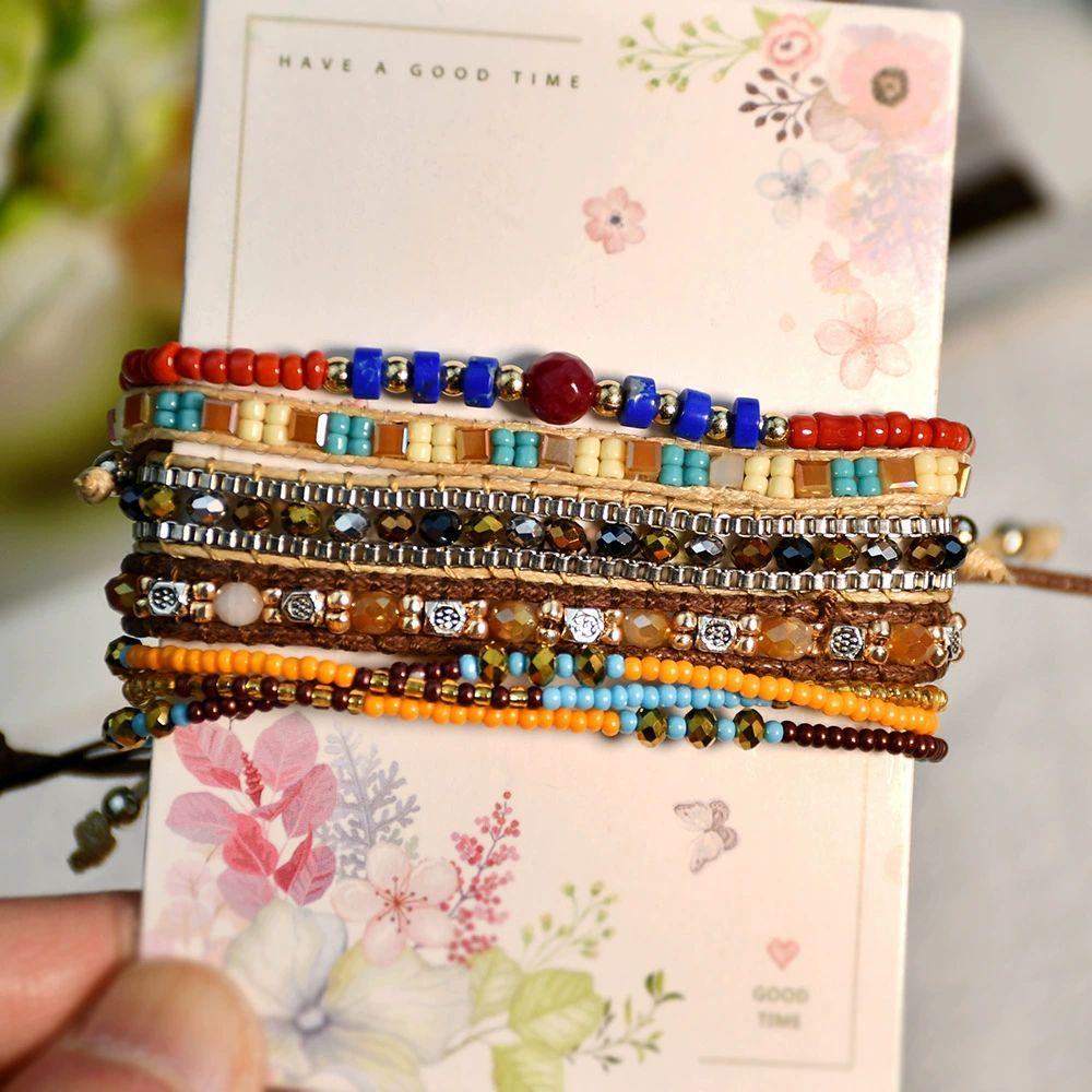 BRAIDED LEATHER & CRYSTAL BEAD BRACELET - 14-25CM RETRO ADJUSTABLE DESIGN