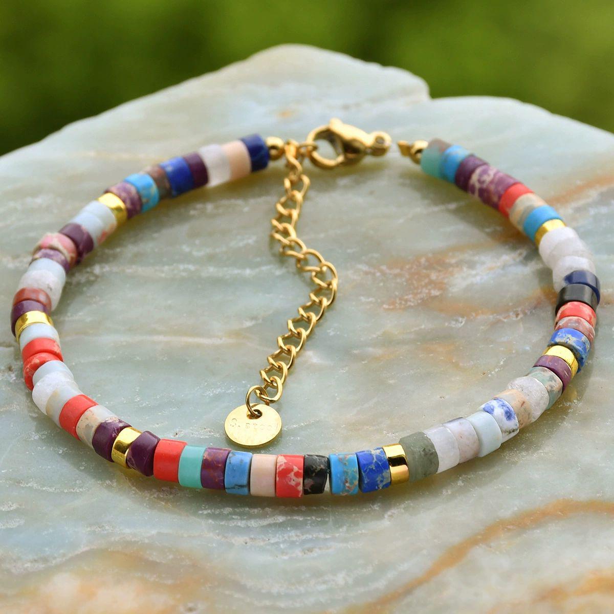 NATURAL STONE BEAD BRACELET - 16+5CM MINIMALIST ELEGANCE