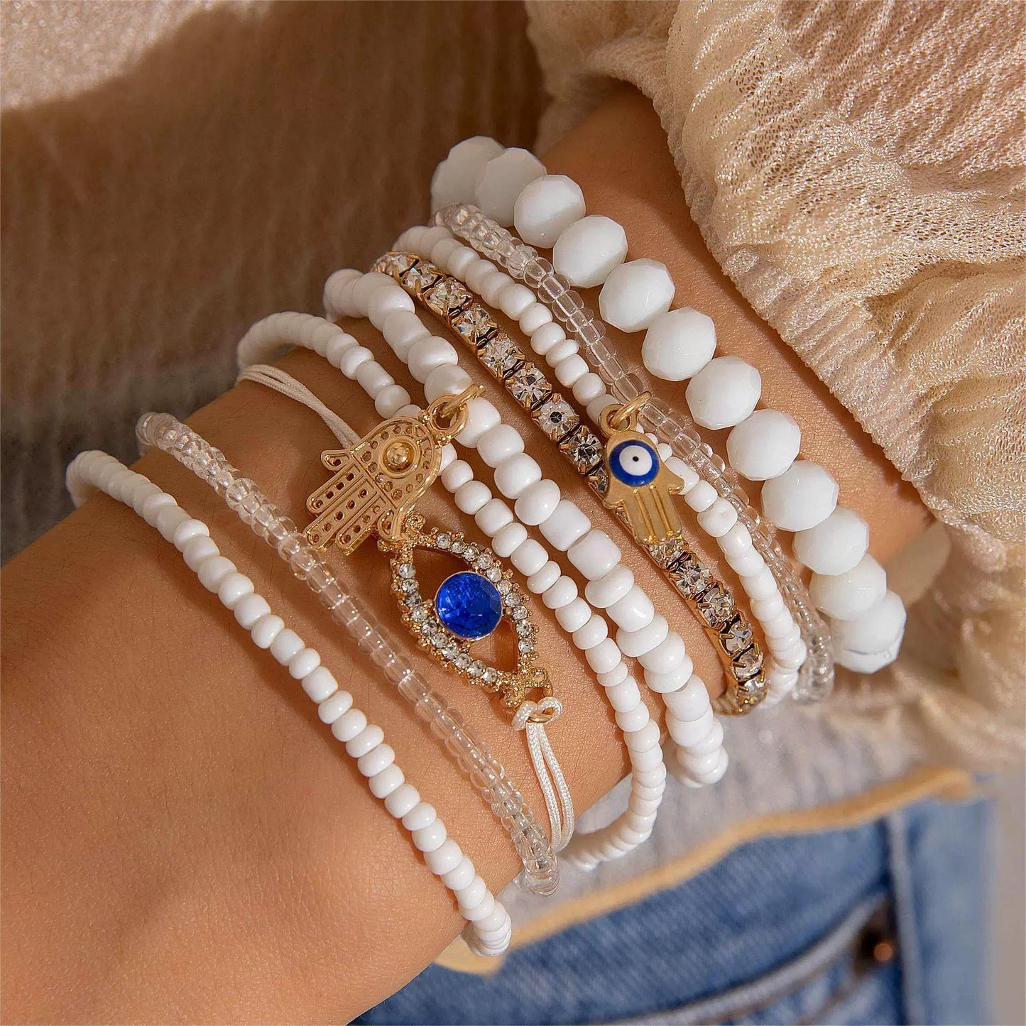 GLASS BEAD & EVIL EYE BRACELET - 16CM BOHEMIAN ELEGANCE