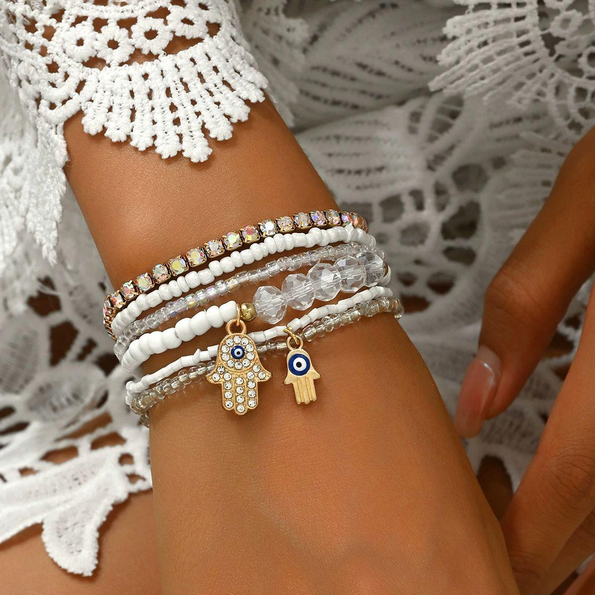 GLASS BEAD & EVIL EYE BRACELET - 16CM BOHEMIAN ELEGANCE