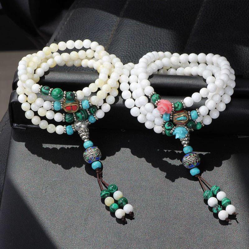 Natural Deep Sea Golden Silk Shell Bracelet, 108 Bead Buddhist Mala, Multi-Row Design