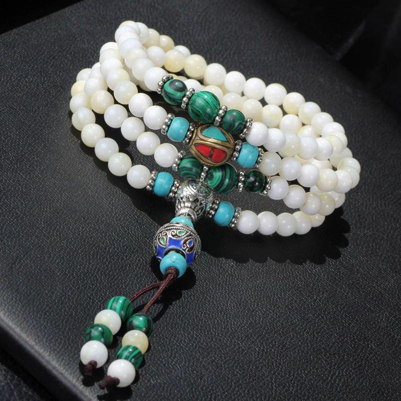 Natural Deep Sea Golden Silk Shell Bracelet, 108 Bead Buddhist Mala, Multi-Row Design