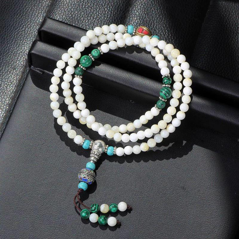 Natural Deep Sea Golden Silk Shell Bracelet, 108 Bead Buddhist Mala, Multi-Row Design