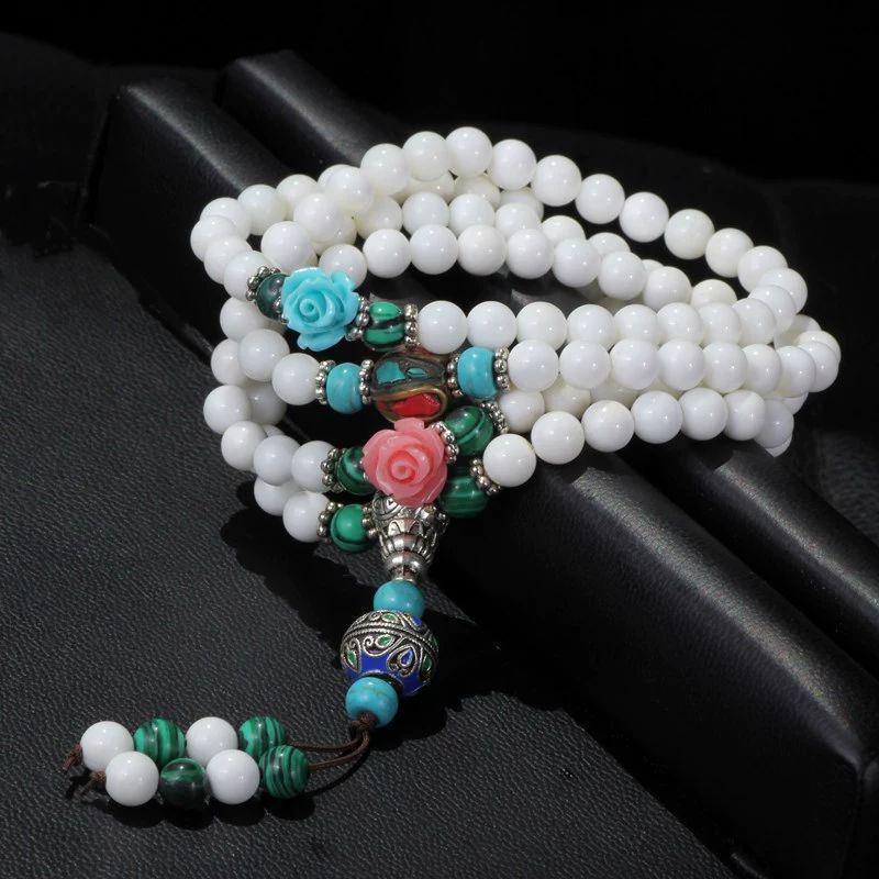 Natural Deep Sea Golden Silk Shell Bracelet, 108 Bead Buddhist Mala, Multi-Row Design