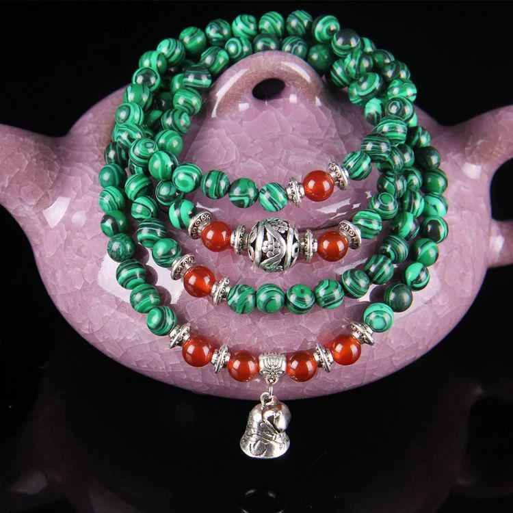 Green Natural Stone Bracelet, 108 Bead Buddhist Mala, Handheld Prayer Beads