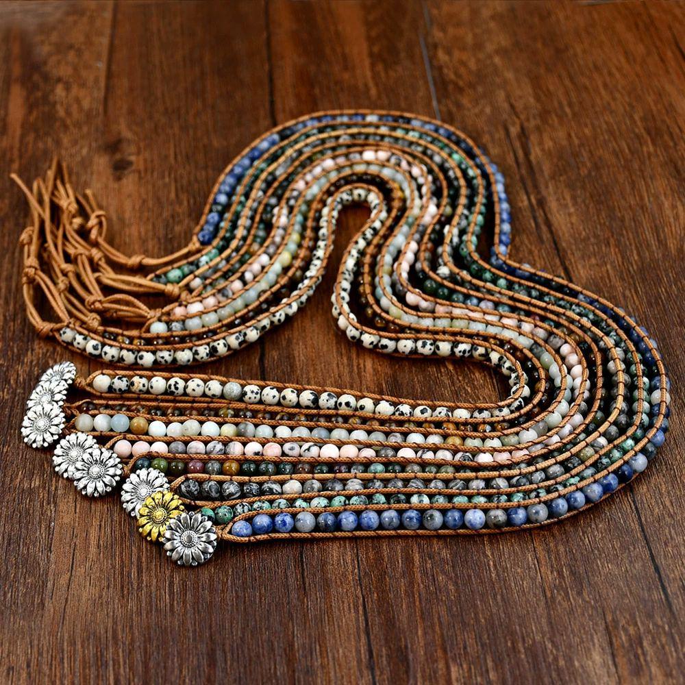 Natural Stone Handwoven Bracelet, Bohemian Multi-Layer Wrap Bracelet