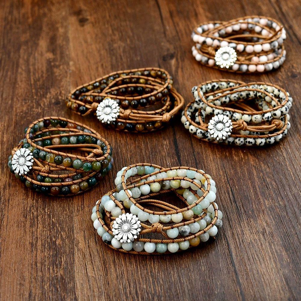 Natural Stone Handwoven Bracelet, Bohemian Multi-Layer Wrap Bracelet