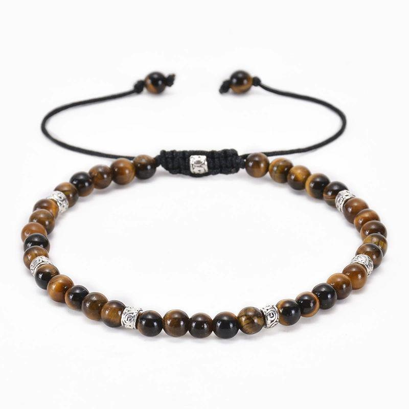 Natural Tiger's Eye, Imperial Stone & Indian Agate Yoga Bracelet - Silver Bead Braided Energy Jewelry (3mm & 4mm Sizes)