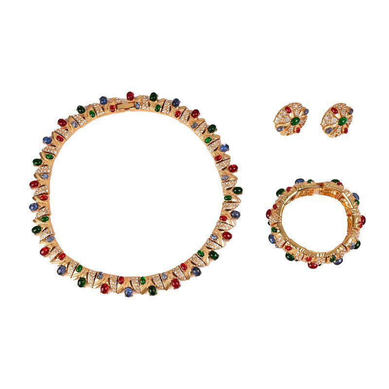 Antique Brass & Rhinestone Jewelry Set – Necklace, Earrings, Bracelet