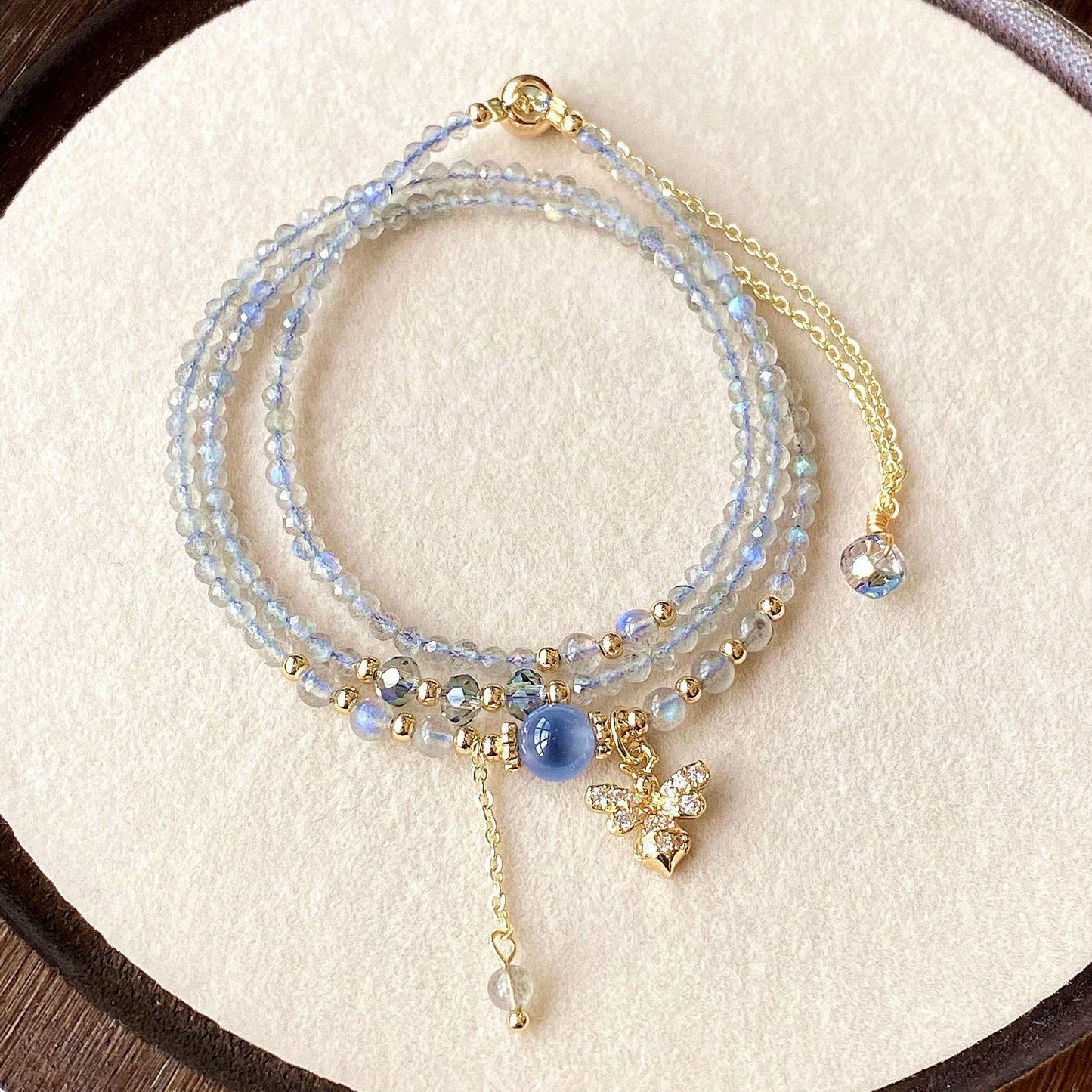 Natural Faceted Labradorite & Gray Moonstone with Blue Agate Tri-Layer Bracelet - Multi-Strand Energy Jewelry (2.5mm)