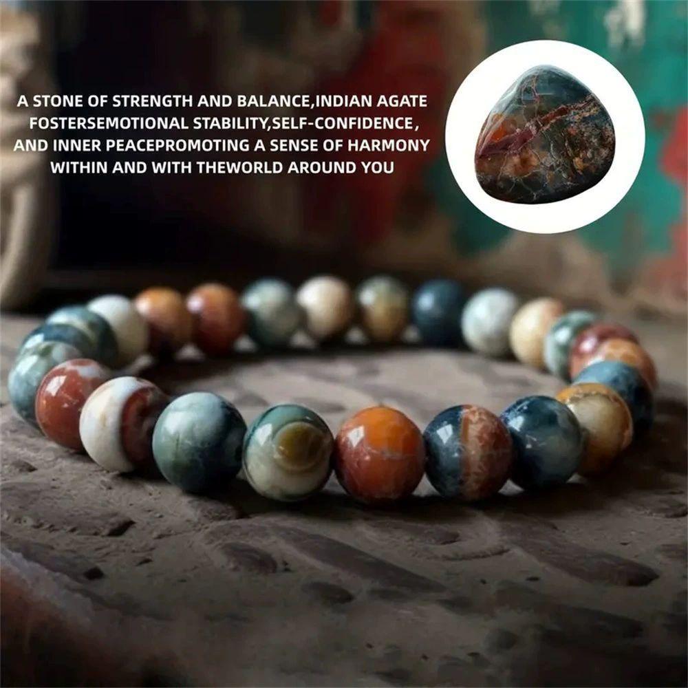 INDIAN AGATE BEAD BRACELET - 6-12MM UNISEX STRENGTH & BALANCE