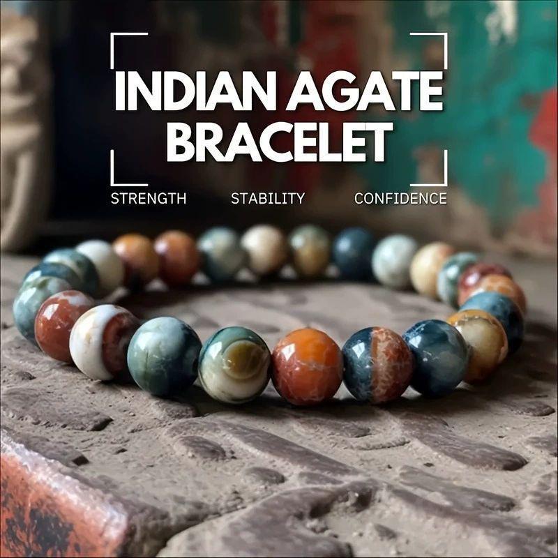 INDIAN AGATE BEAD BRACELET - 6-12MM UNISEX STRENGTH & BALANCE