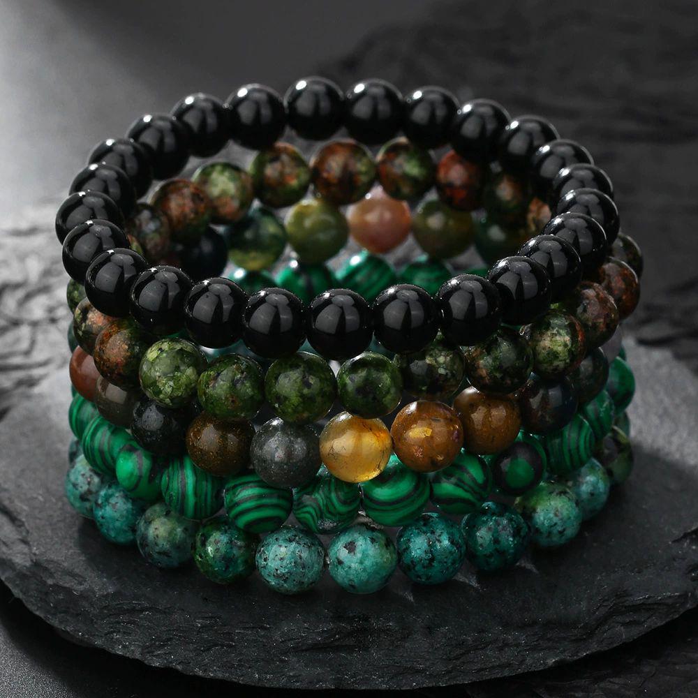 8MM NATURAL AGATE & TURQUOISE BEAD BRACELET SET - 18-19CM