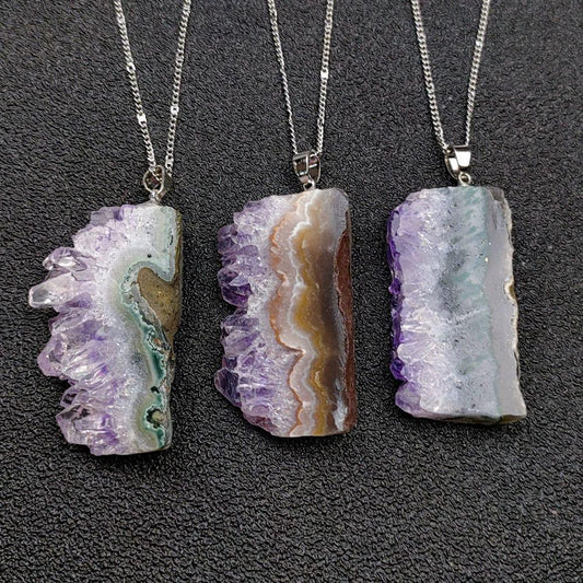 Raw Madagascar amethyst cluster necklace for third eye activation - Untamed organic crystal growth on adjustable leather cord