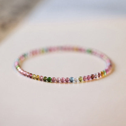 2mm Ultra-Fine Rainbow Tourmaline Elastic Bracelet - 17cm Lightweight Jewelry